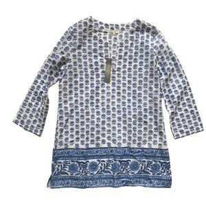 NWT Pomegranate Resort Everyday Mini Tunic Dress Womens Small Blue White Floral